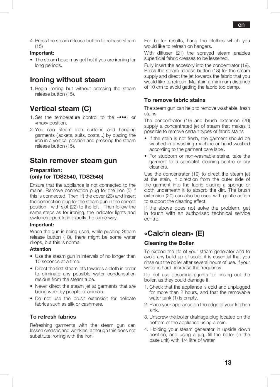 Ironing without steam, Vertical steam (c), Stain remover steam gun | Calc‘n clean» (e) | Bosch TDS 2510 User Manual | Page 13 / 122