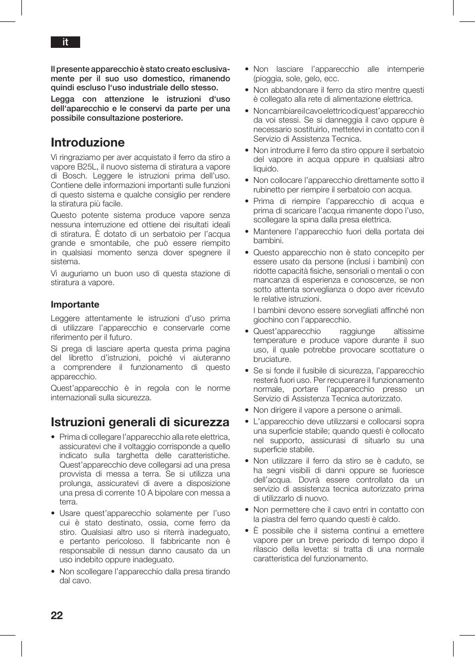 Introduzione, Istruzioni generali di sicurezza | Bosch TDS 2510 User Manual | Page 22 / 122