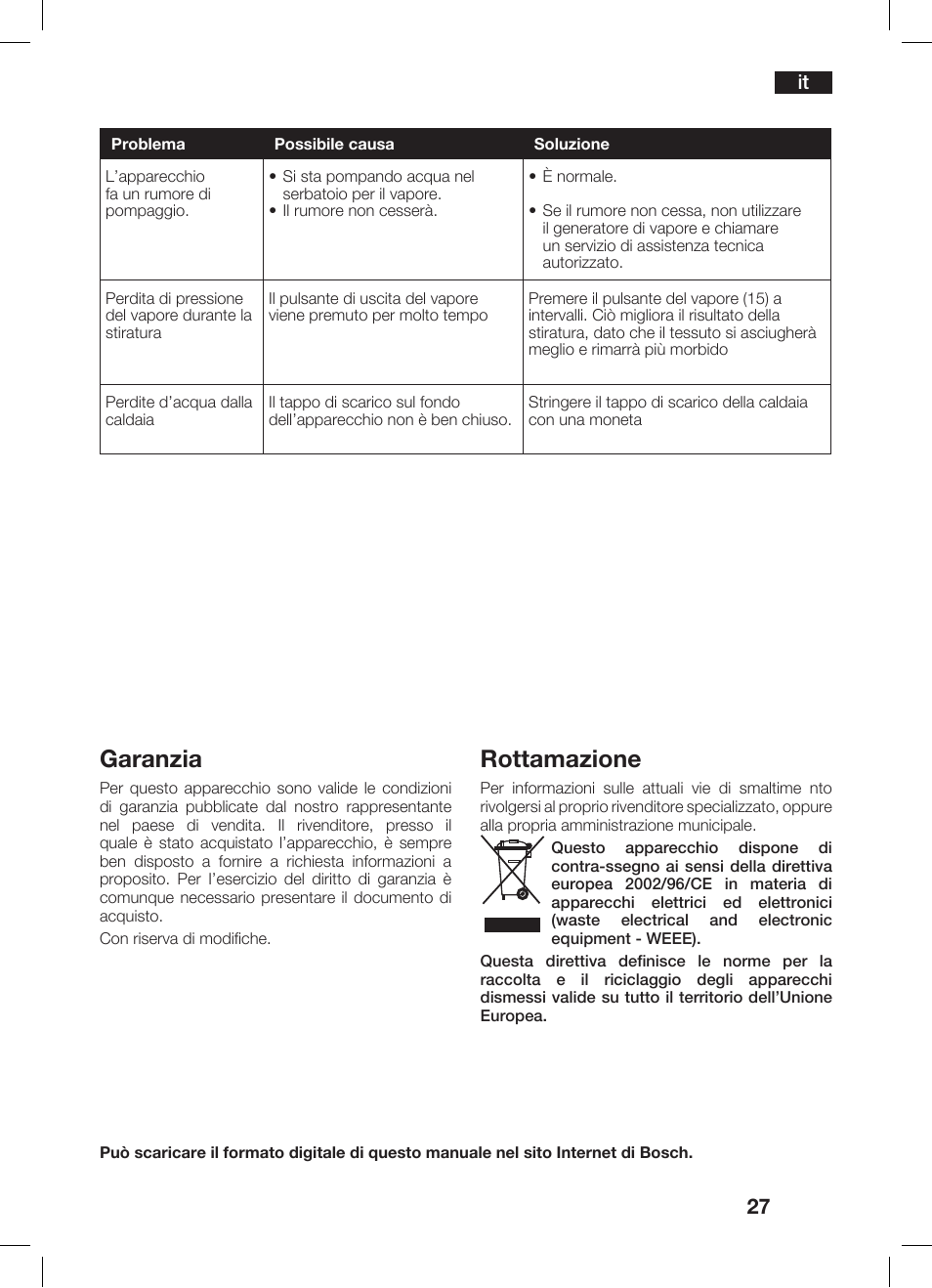 Garanzia, Rottamazione | Bosch TDS 2510 User Manual | Page 27 / 122