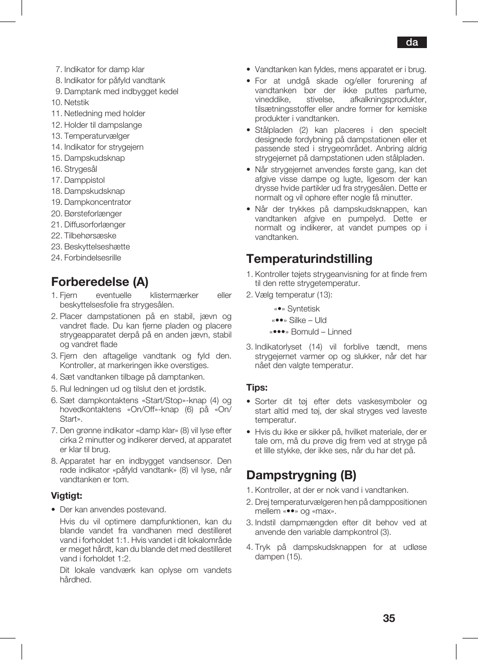 Forberedelse (a), Temperaturindstilling, Dampstrygning (b) | Bosch TDS 2510 User Manual | Page 35 / 122