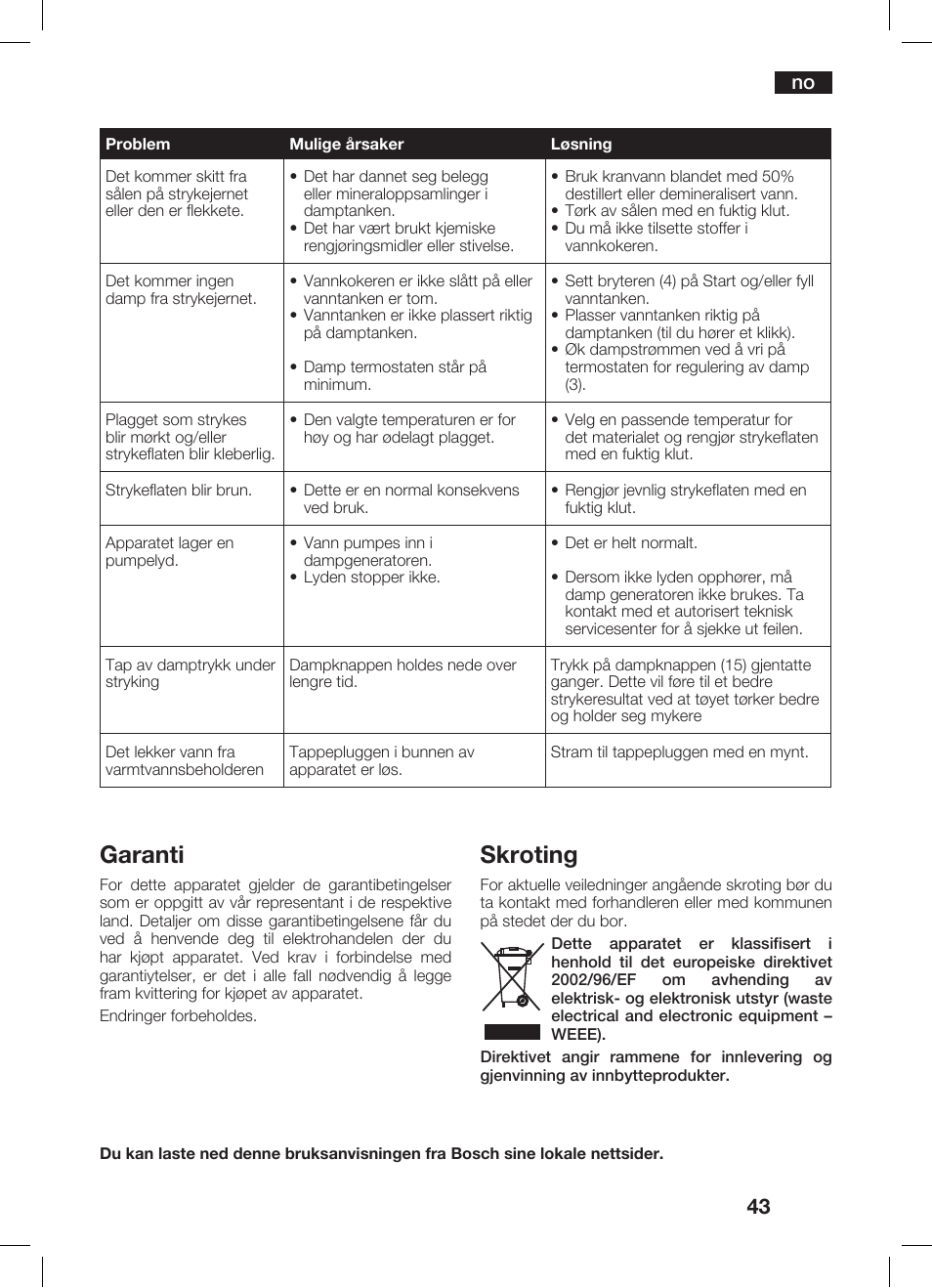 Garanti, Skroting | Bosch TDS 2510 User Manual | Page 43 / 122