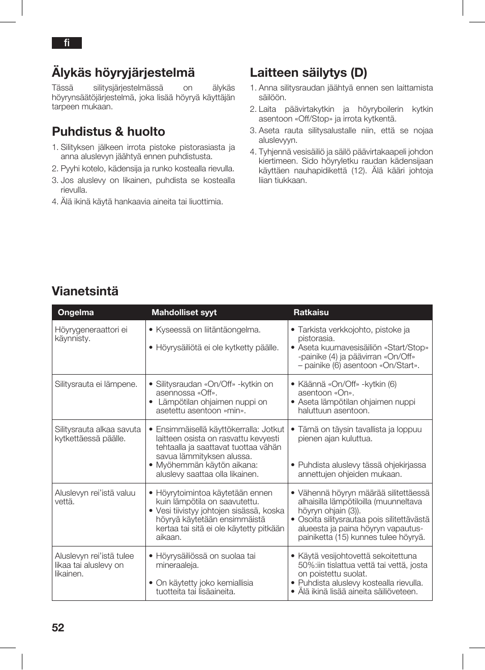 Älykäs höyryjärjestelmä, Puhdistus & huolto, Laitteen säilytys (d) | Vianetsintä | Bosch TDS 2510 User Manual | Page 52 / 122