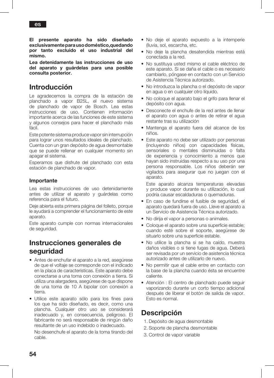 Introducción, Instrucciones generales de seguridad, Descripción | Bosch TDS 2510 User Manual | Page 54 / 122