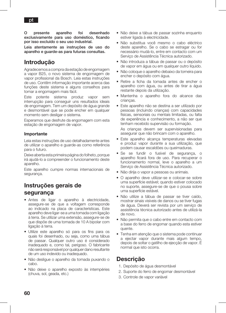 Introdução, Instruções gerais de segurança, Descrição | Bosch TDS 2510 User Manual | Page 60 / 122