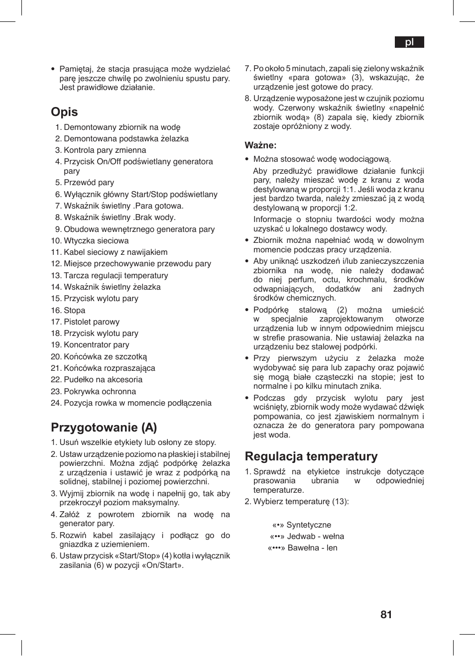 Opis, Przygotowanie (a), Regulacja temperatury | Bosch TDS 2510 User Manual | Page 81 / 122