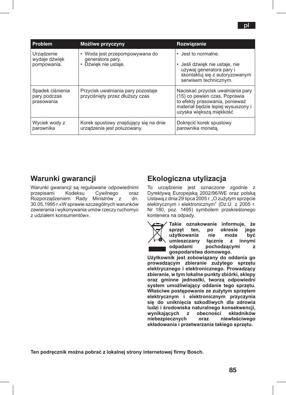 Warunki gwarancji, Ekologiczna utylizacja | Bosch TDS 2510 User Manual | Page 85 / 122