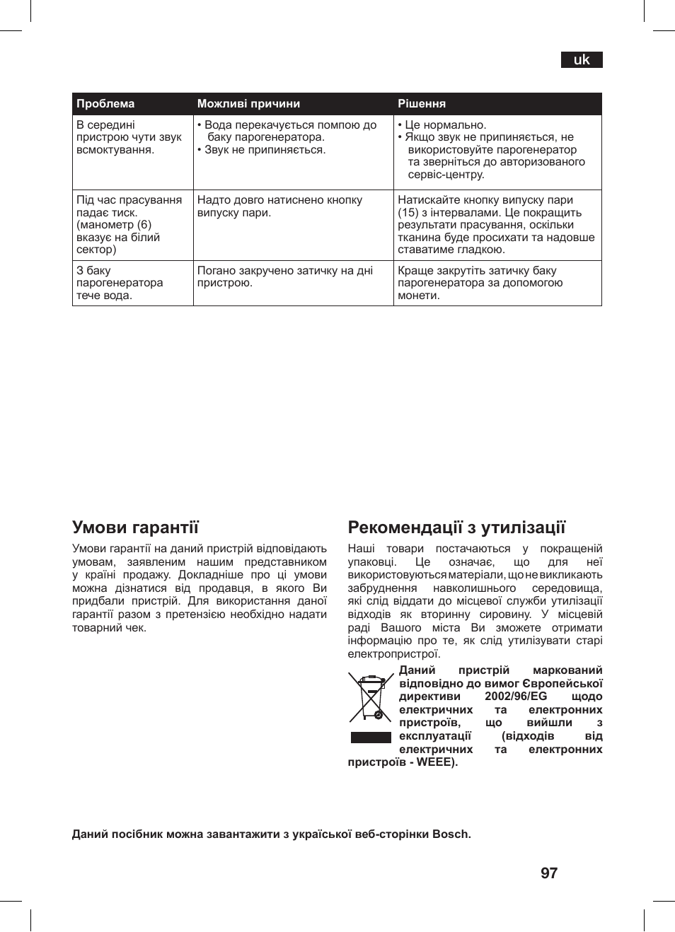 Умови гарантії, Рекомендації з утилізації | Bosch TDS 2510 User Manual | Page 97 / 122