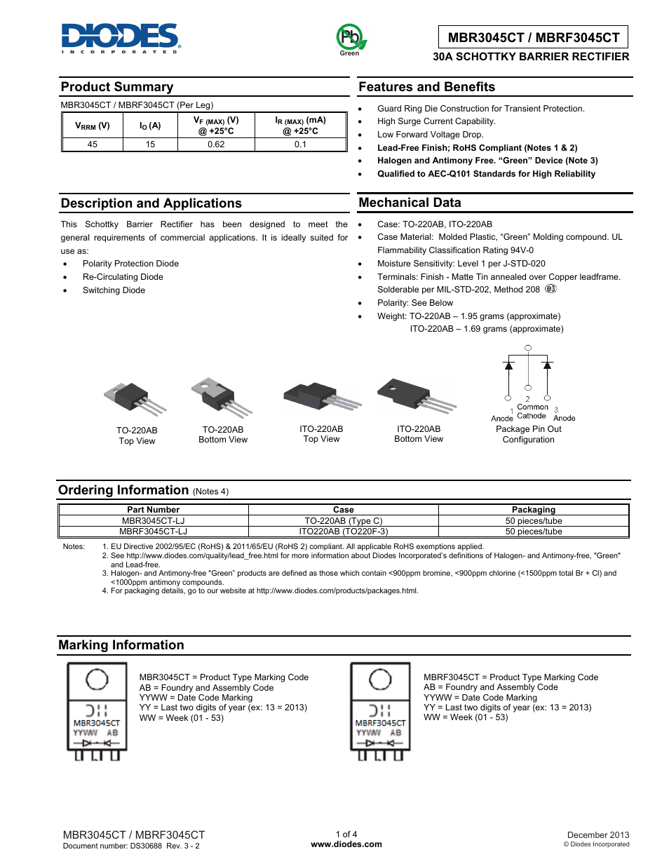 Diodes MBRF3045CT User Manual | 4 pages