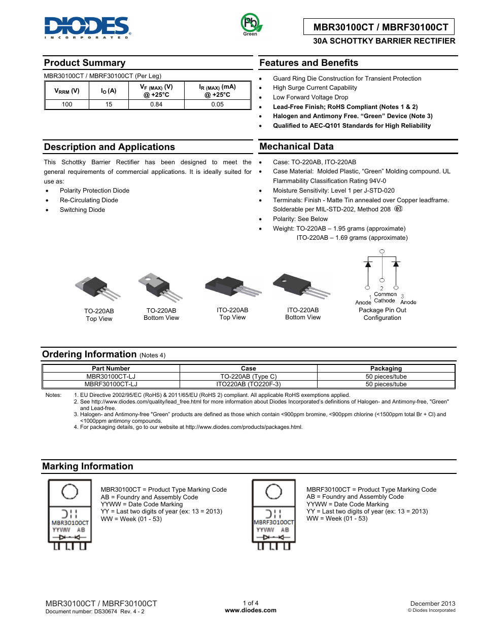 Diodes MBRF30100CT User Manual | 4 pages
