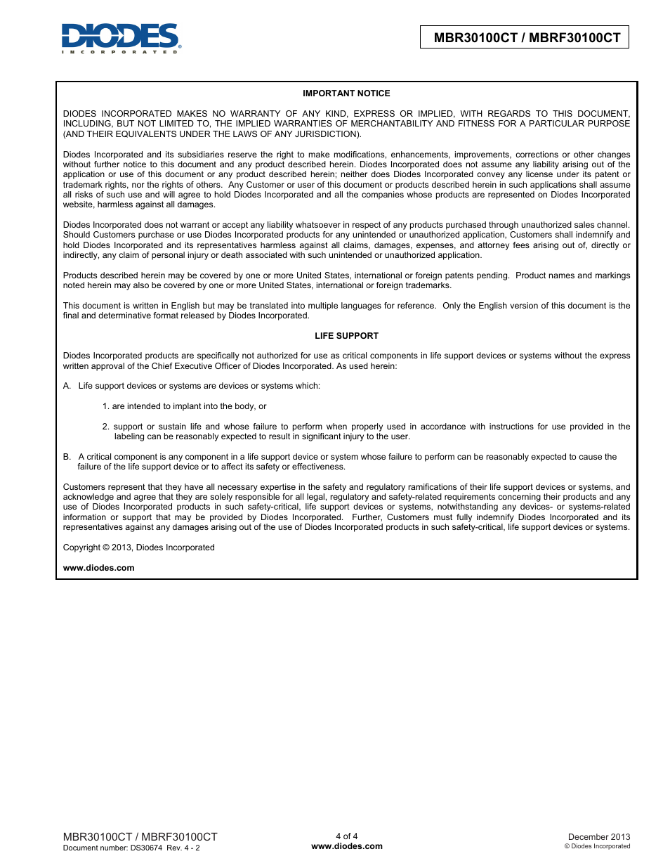 Diodes MBRF30100CT User Manual | Page 4 / 4