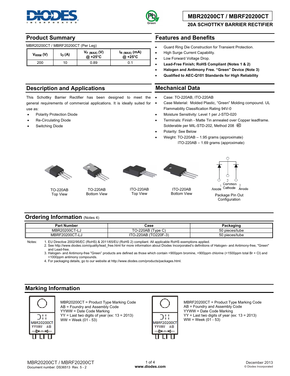 Diodes MBRF20200CT User Manual | 4 pages