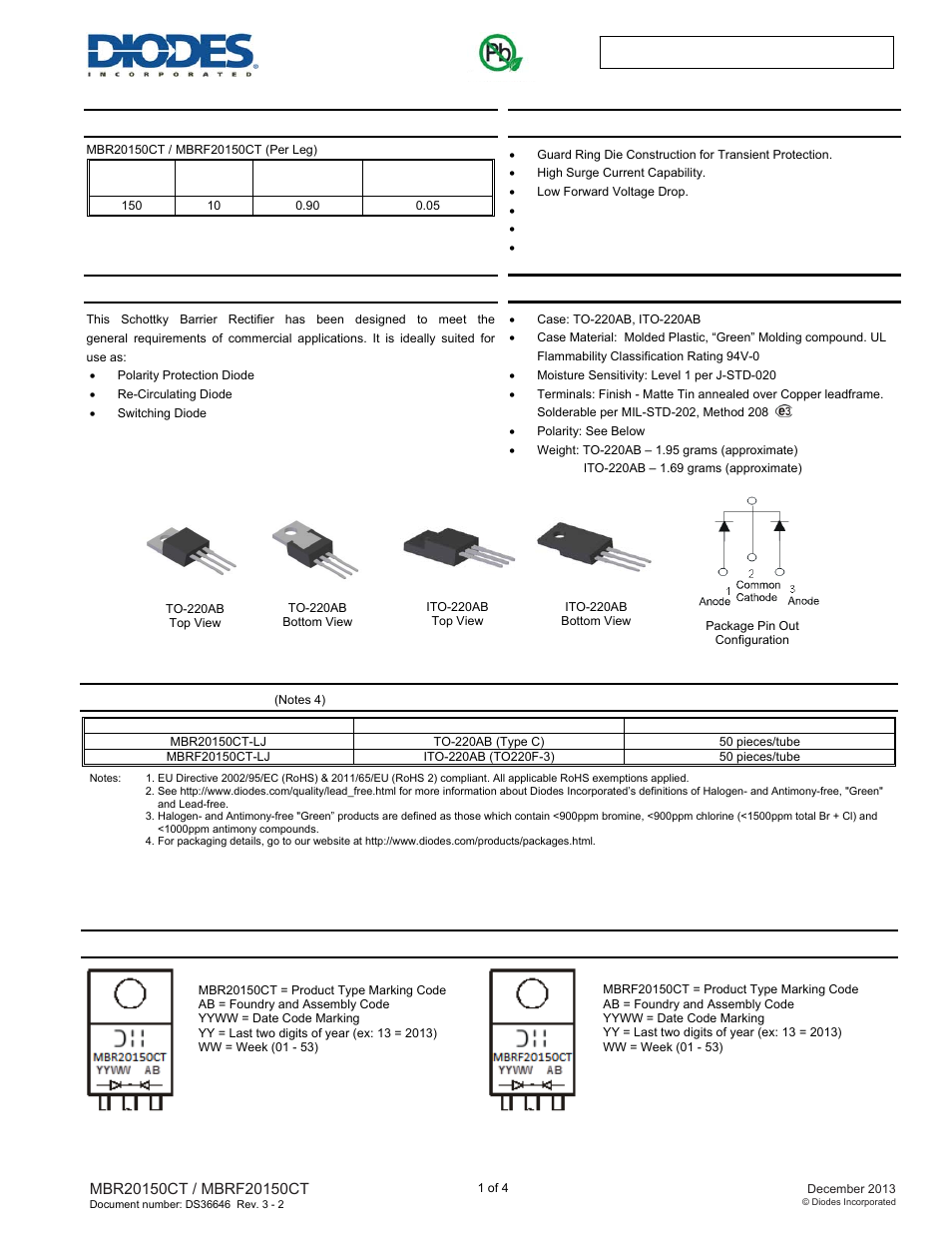 Diodes MBRF20150CT User Manual | 4 pages