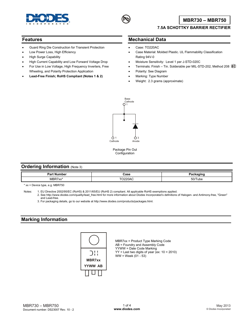 Diodes MBR730 – MBR750 User Manual | 4 pages