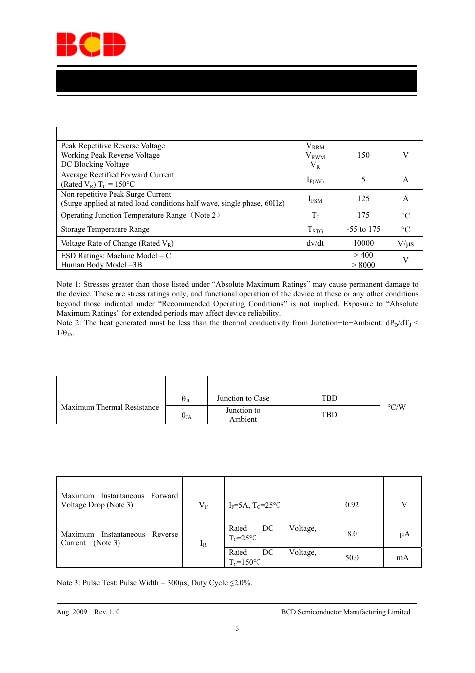 Preliminary datasheet, High voltage power schottky rectifier mbr5h150, Recommended operating conditions | Electrical characteristics, Parameter symbol condition value unit, Parameter symbol conditions value, Parameter symbol value unit | Diodes MBR5H150 User Manual | Page 3 / 7