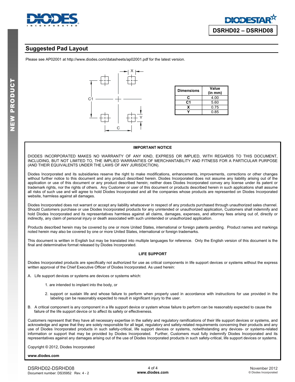 New prod uc t dsrhd02 – dsrhd08, Suggested pad layout | Diodes DSRHD02 – DSRHD08 User Manual | Page 4 / 4