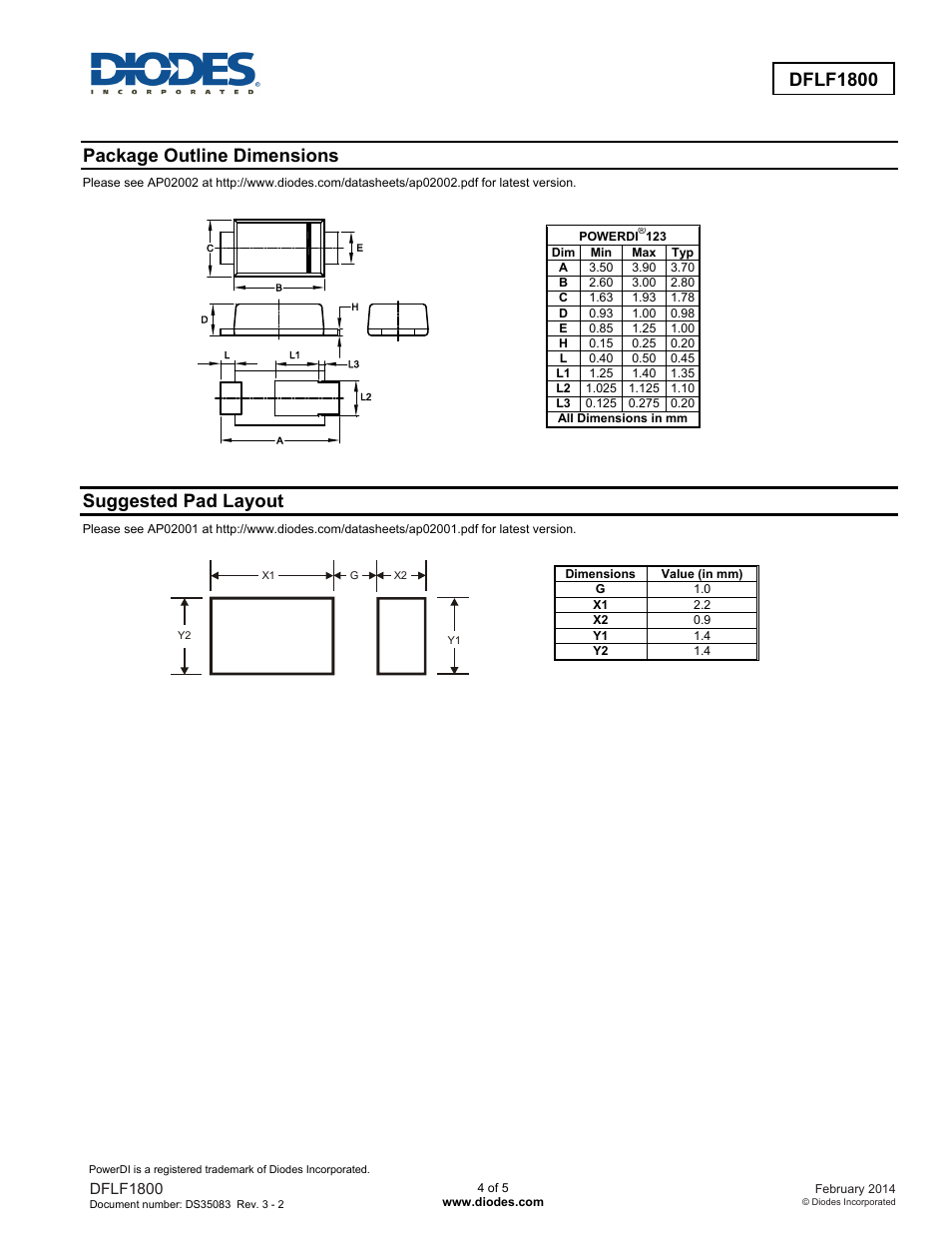 Dflf1800, New prod uc t, Package outline dimensions | Suggested pad layout | Diodes DFLF1800 User Manual | Page 4 / 5
