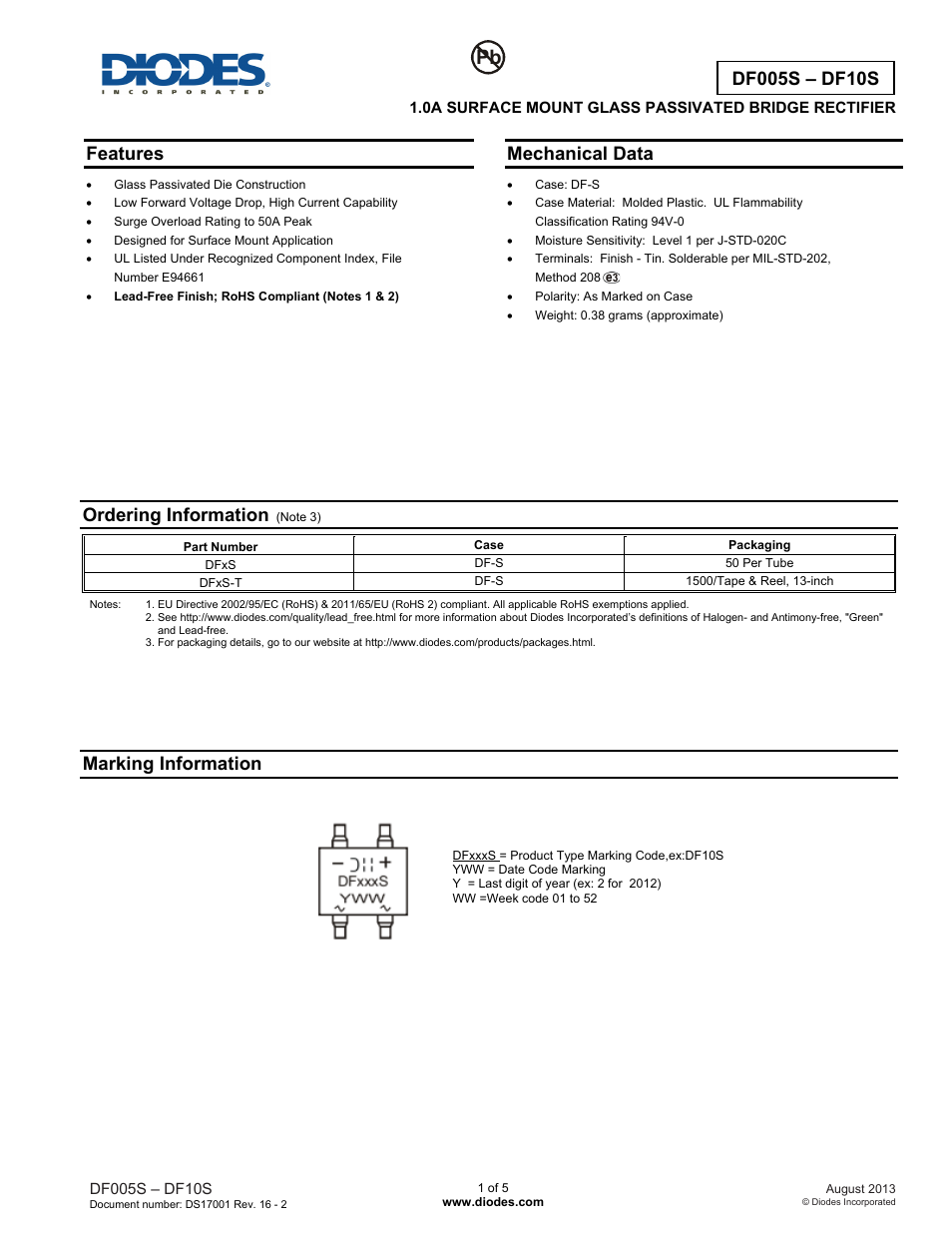 Diodes DF005S – DF10S User Manual | 5 pages