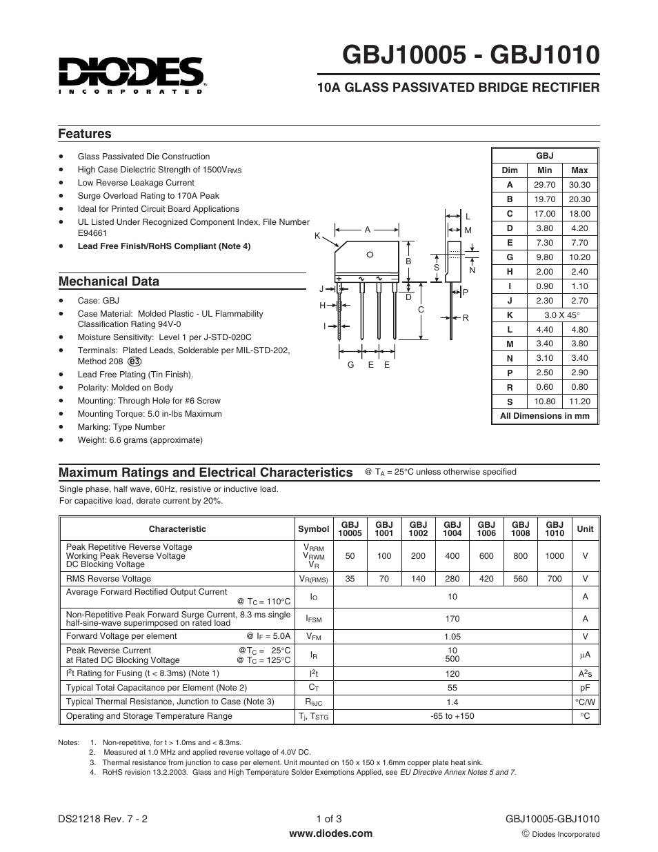 Diodes GBJ10005 - GBJ1010 User Manual | 3 pages