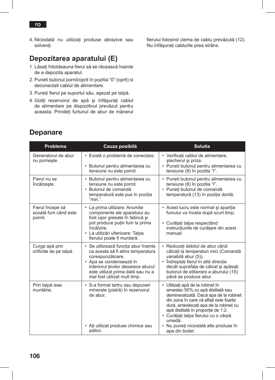 Depanare, Depozitarea aparatului (e) | Bosch TDS 3530 User Manual | Page 106 / 114