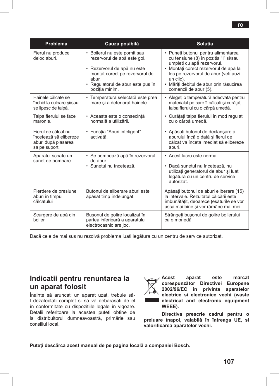 Indicatii pentru renuntarea la un aparat folosit | Bosch TDS 3530 User Manual | Page 107 / 114