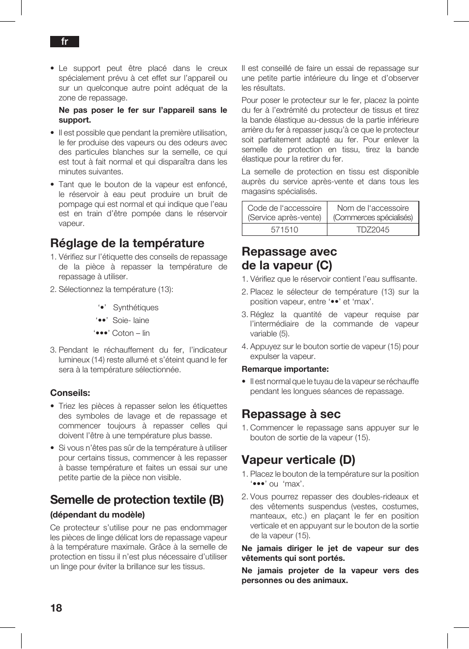 Réglage de la température, Semelle de protection textile (b), Repassage avec de la vapeur (c) | Repassage à sec, Vapeur verticale (d) | Bosch TDS 3530 User Manual | Page 18 / 114