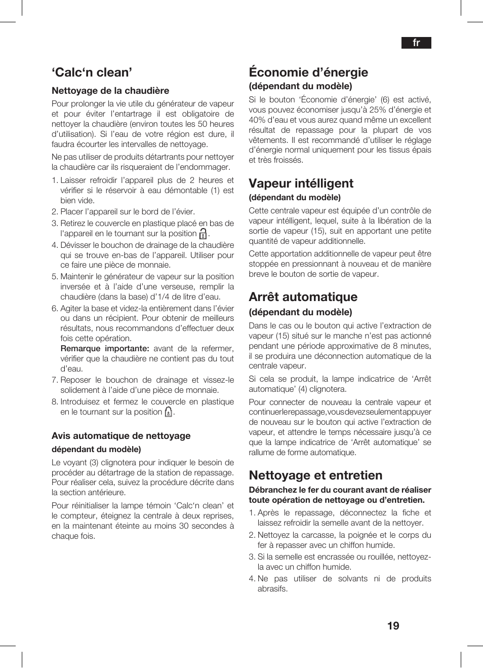 Calc‘n clean, Économie d’énergie, Vapeur intélligent | Arrêt automatique, Nettoyage et entretien | Bosch TDS 3530 User Manual | Page 19 / 114