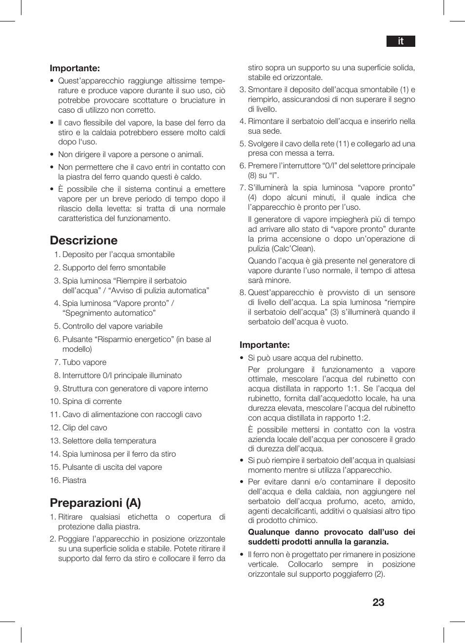 Descrizione, Preparazioni (a) | Bosch TDS 3530 User Manual | Page 23 / 114