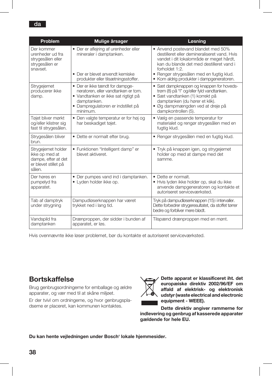 Bortskaffelse | Bosch TDS 3530 User Manual | Page 38 / 114