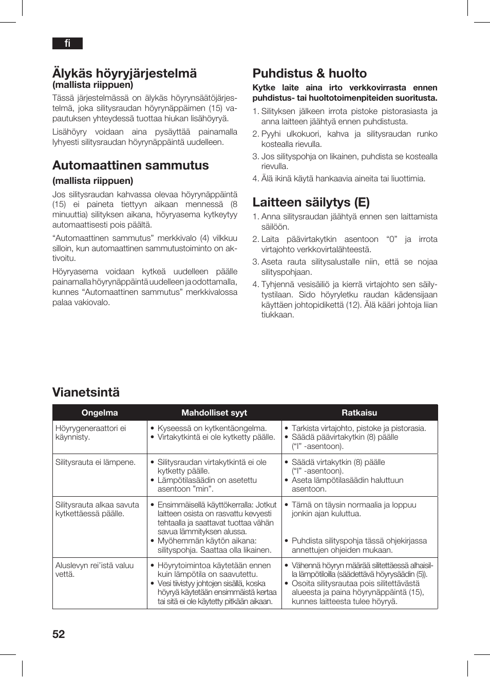 Vianetsintä, Älykäs höyryjärjestelmä, Automaattinen sammutus | Puhdistus & huolto, Laitteen säilytys (e) | Bosch TDS 3530 User Manual | Page 52 / 114