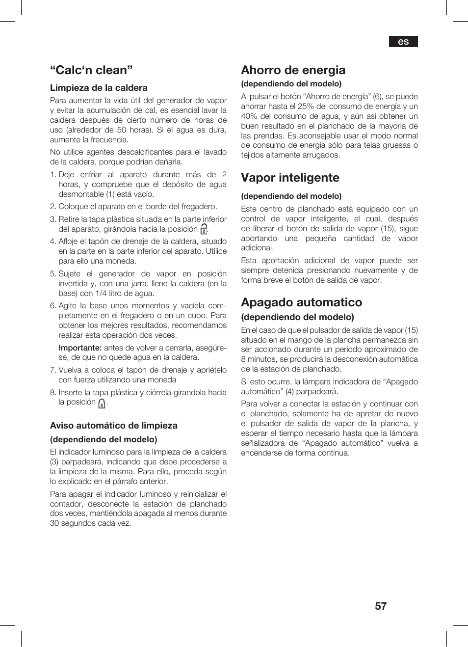 Calc‘n clean, Ahorro de energia, Vapor inteligente | Apagado automatico | Bosch TDS 3530 User Manual | Page 57 / 114