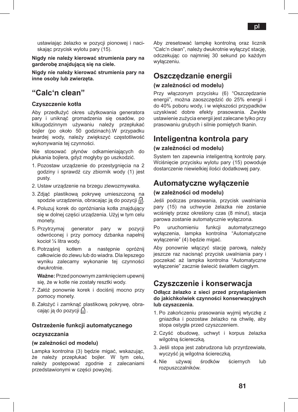 Calc‘n clean, Oszczędzanie energii, Inteligentna kontrola pary | Automatyczne wyłączenie, Czyszczenie i konserwacja | Bosch TDS 3530 User Manual | Page 81 / 114