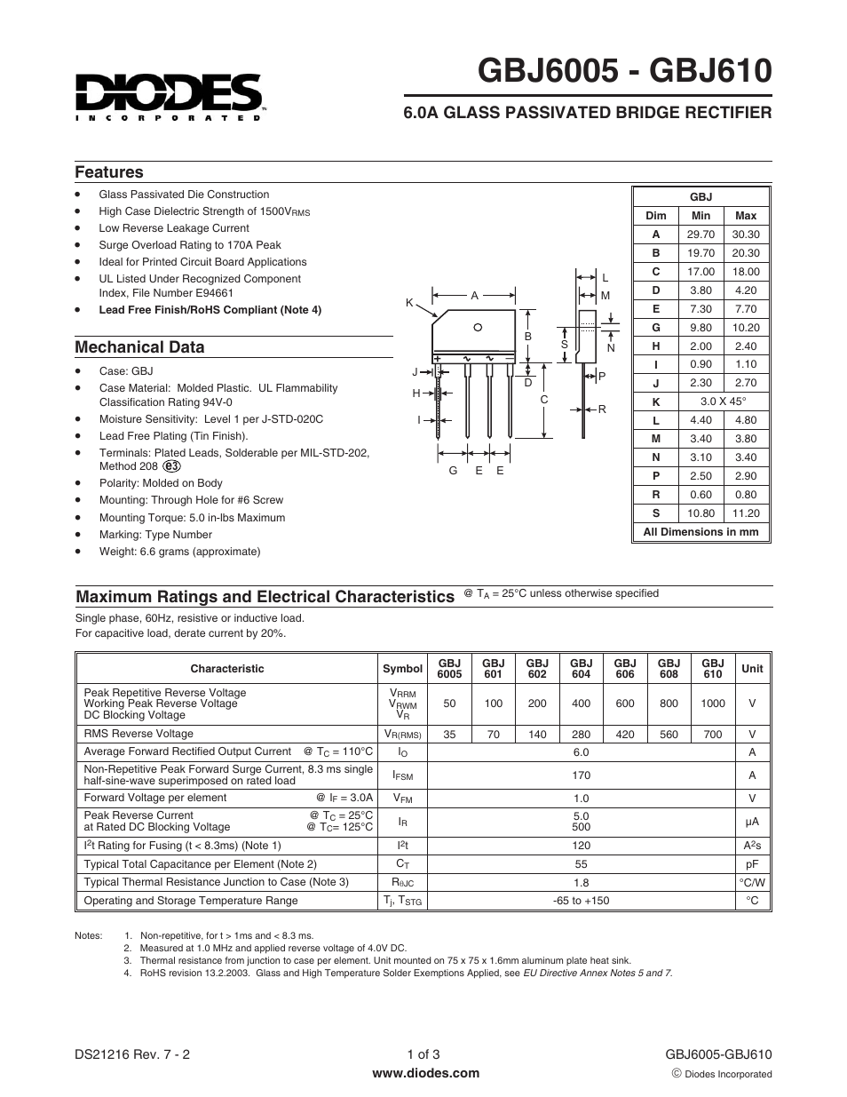 Diodes GBJ6005 - GBJ610 User Manual | 3 pages