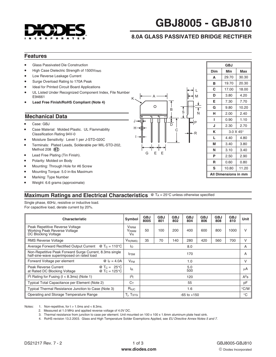 Diodes GBJ8005 - GBJ810 User Manual | 3 pages
