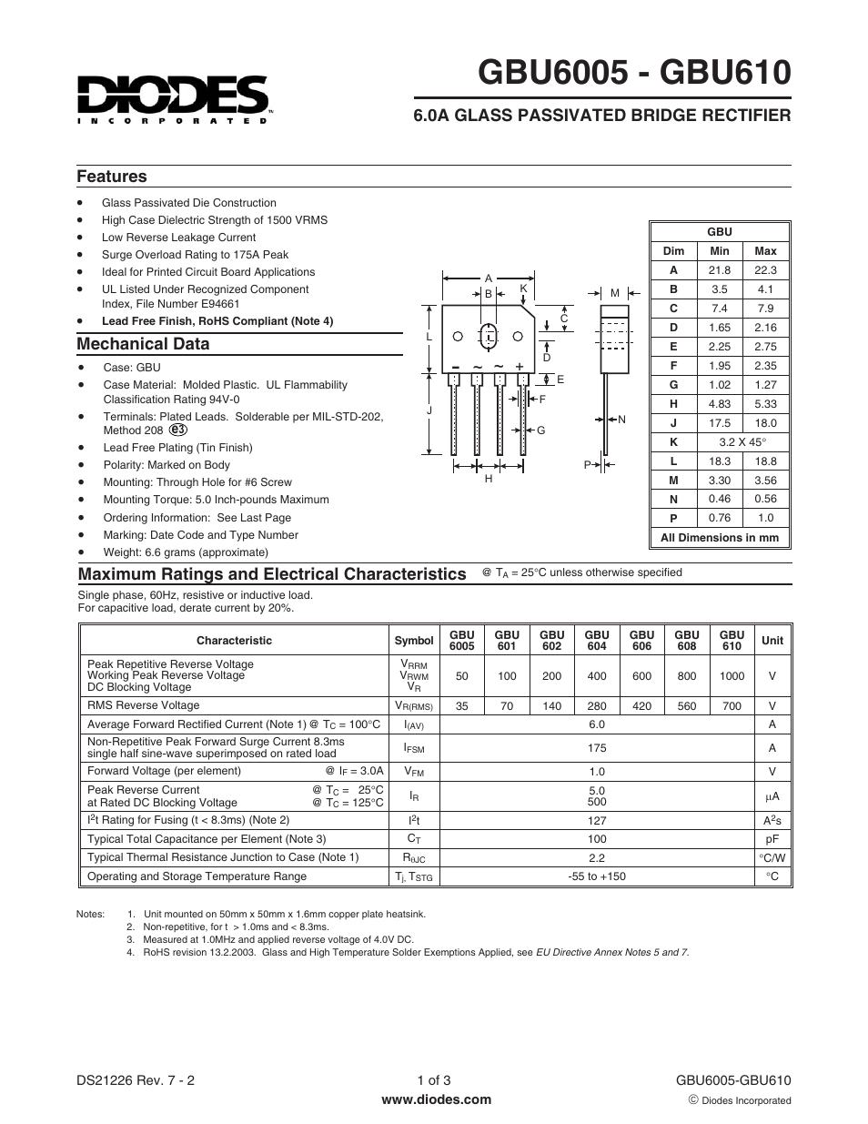 Diodes GBU6005 - GBU610 User Manual | 3 pages