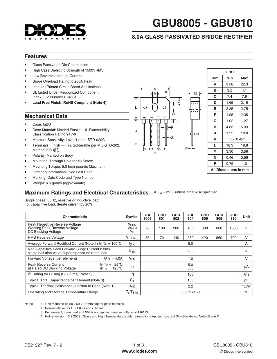 Diodes GBU8005 - GBU810 User Manual | 3 pages