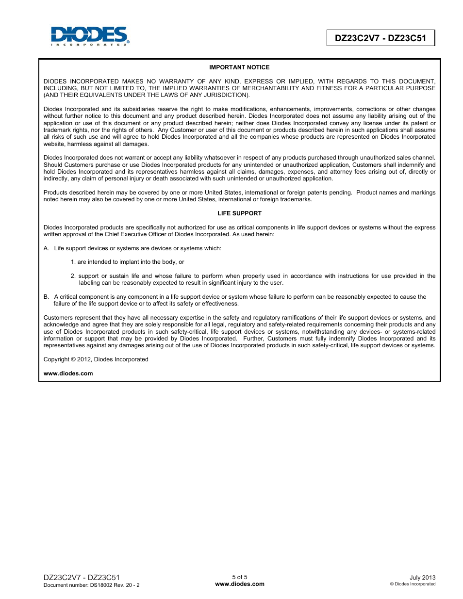 Diodes DZ23C2V7 - DZ23C51 User Manual | Page 5 / 5