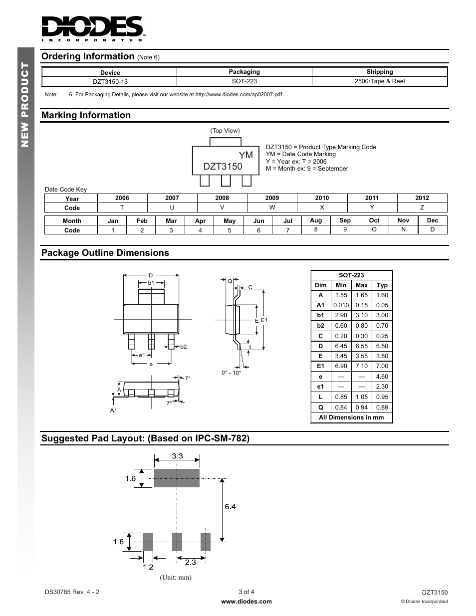 Ordering information, New prod uc t, Marking information | Dzt3150 ym, Package outline dimensions, Suggested pad layout: (based on ipc-sm-782) | Diodes DZT3150 User Manual | Page 3 / 4