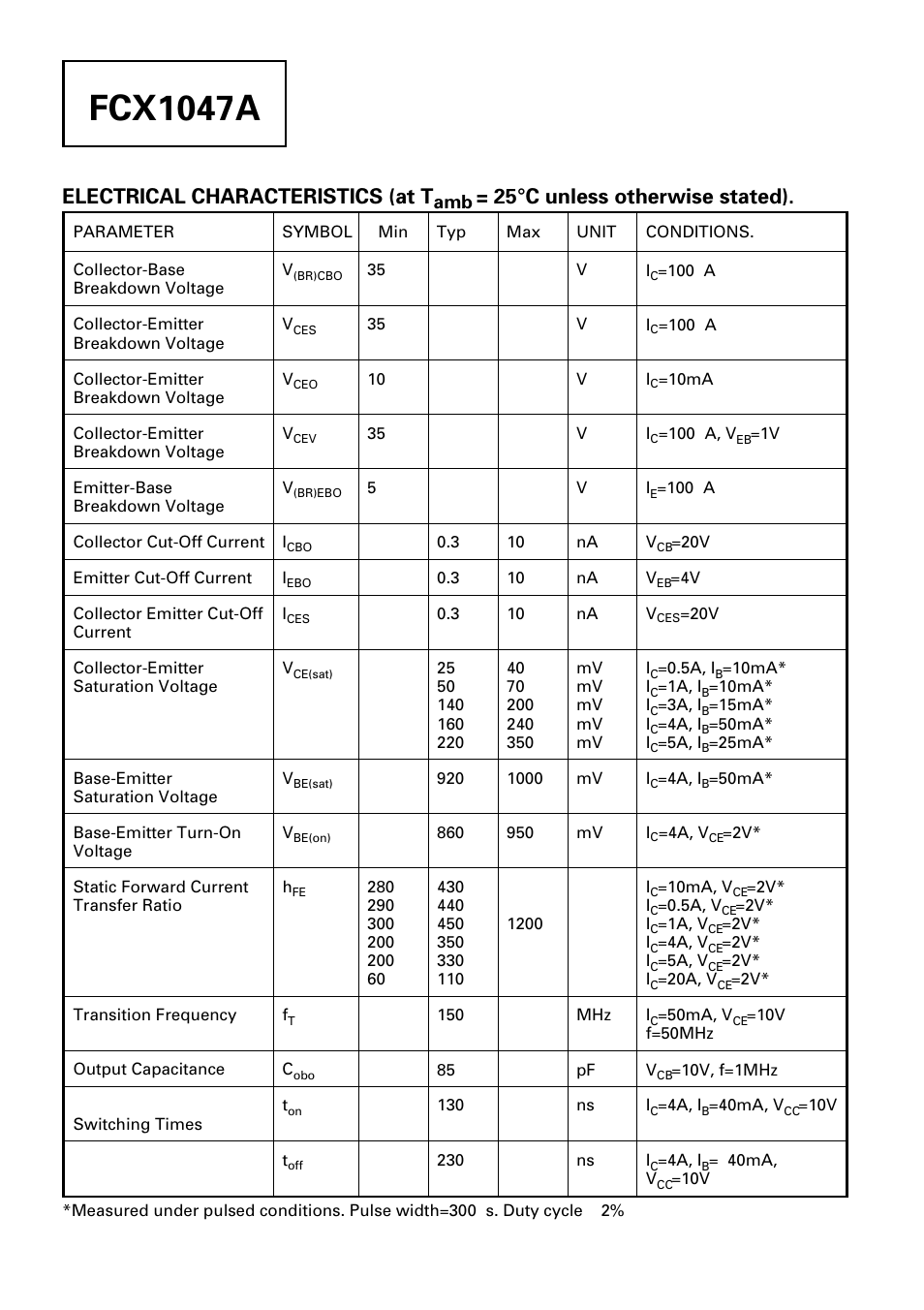 Fcx1047a, Electrical characteristics (at t, 25°c unless otherwise stated) | Diodes FCX1047A User Manual | Page 2 / 3