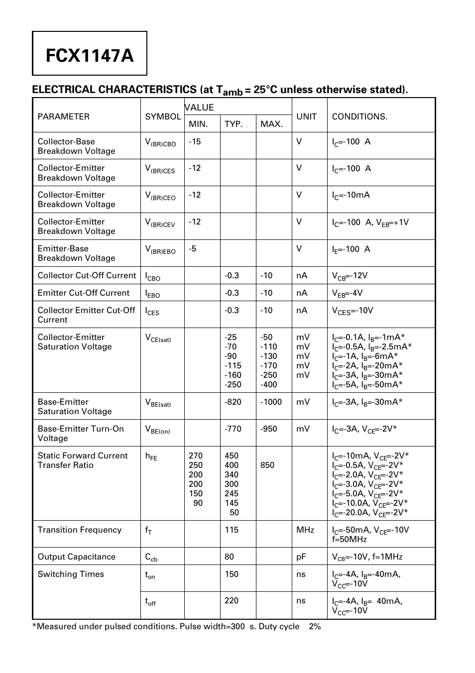 Fcx1147a, Electrical characteristics (at t, 25°c unless otherwise stated) | Diodes FCX1147A User Manual | Page 2 / 3