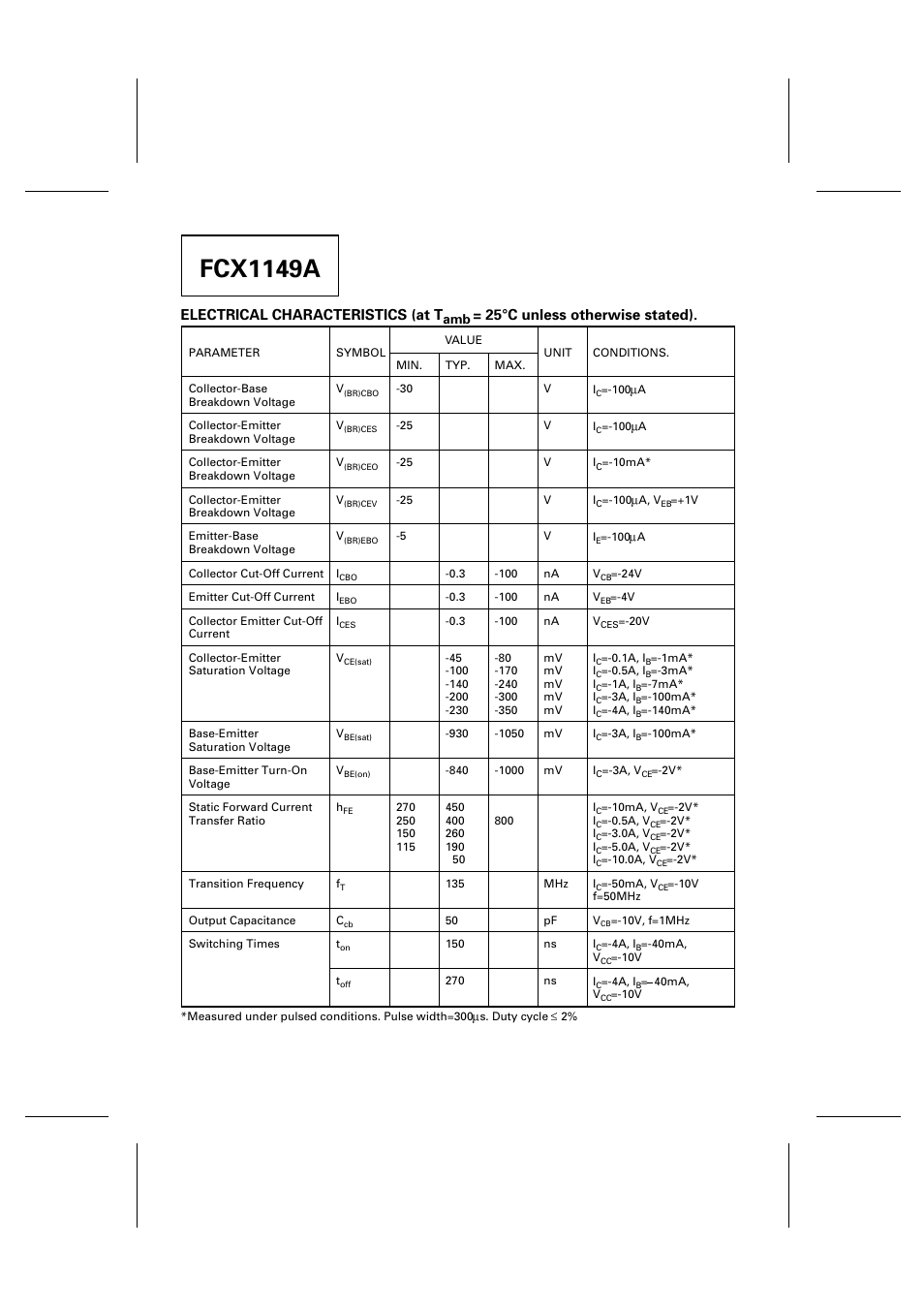 Fcx1149a, Electrical characteristics (at t, 25°c unless otherwise stated) | Diodes FCX1149A User Manual | Page 2 / 3