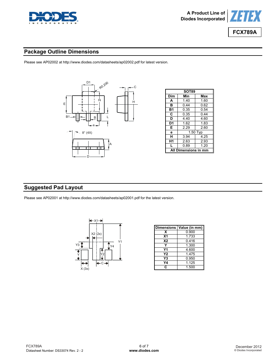 Fcx789a, Package outline dimensions, Suggested pad layout | Diodes FCX789A User Manual | Page 6 / 7