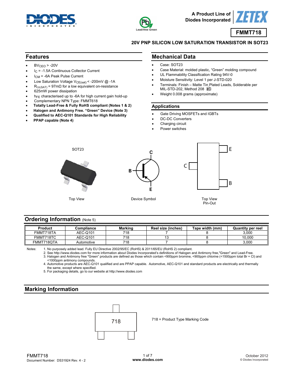 Diodes FMMT718 User Manual | 7 pages