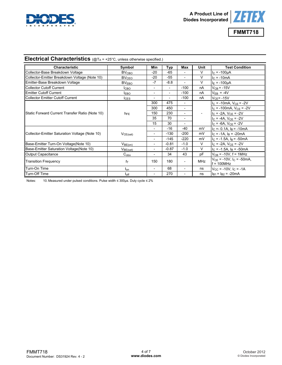 Electrical characteristics, Fmmt718, A product line of diodes incorporated | Diodes FMMT718 User Manual | Page 4 / 7