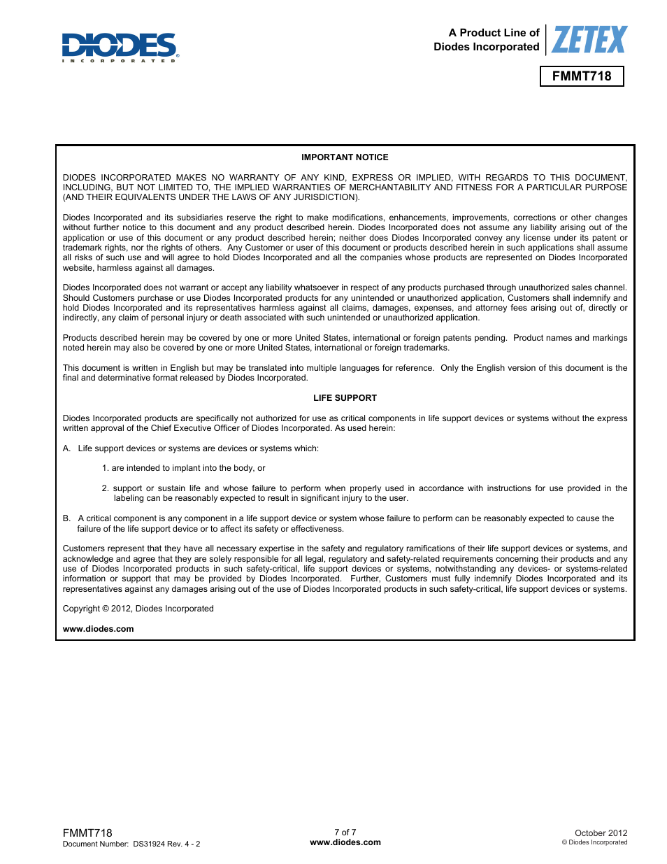 Fmmt718 | Diodes FMMT718 User Manual | Page 7 / 7