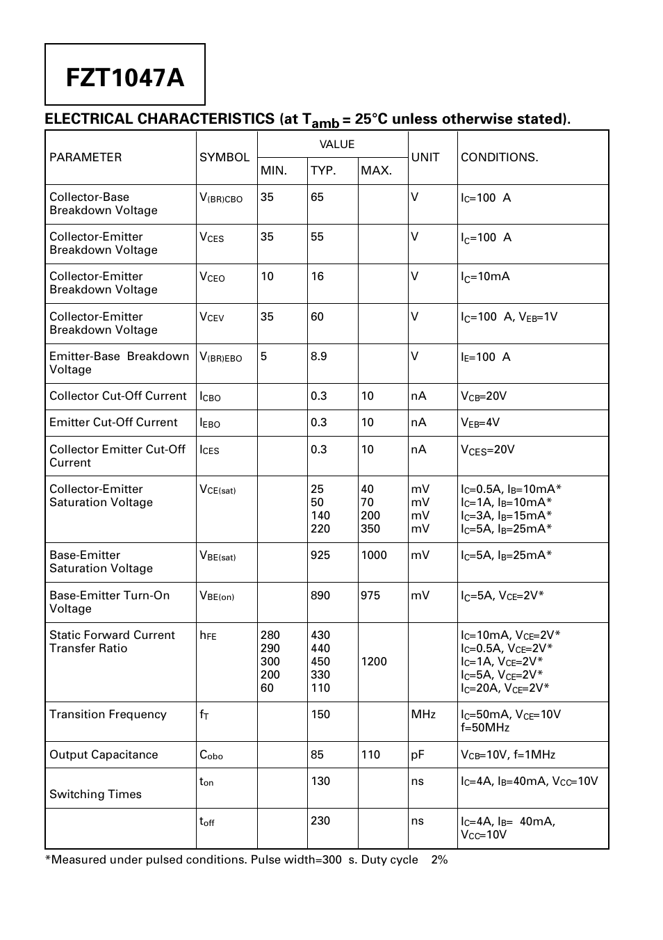 Fzt1047a, Electrical characteristics (at t, 25°c unless otherwise stated) | Diodes FZT1047A User Manual | Page 2 / 4