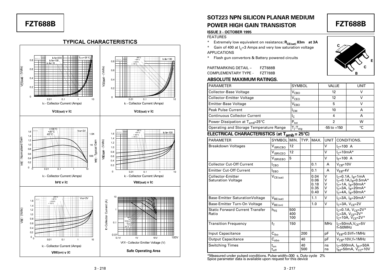 Fzt688b, Typical characteristics, Absolute maximum ratings | Electrical characteristics (at t, 25°c) | Diodes FZT688B User Manual | Page 2 / 2