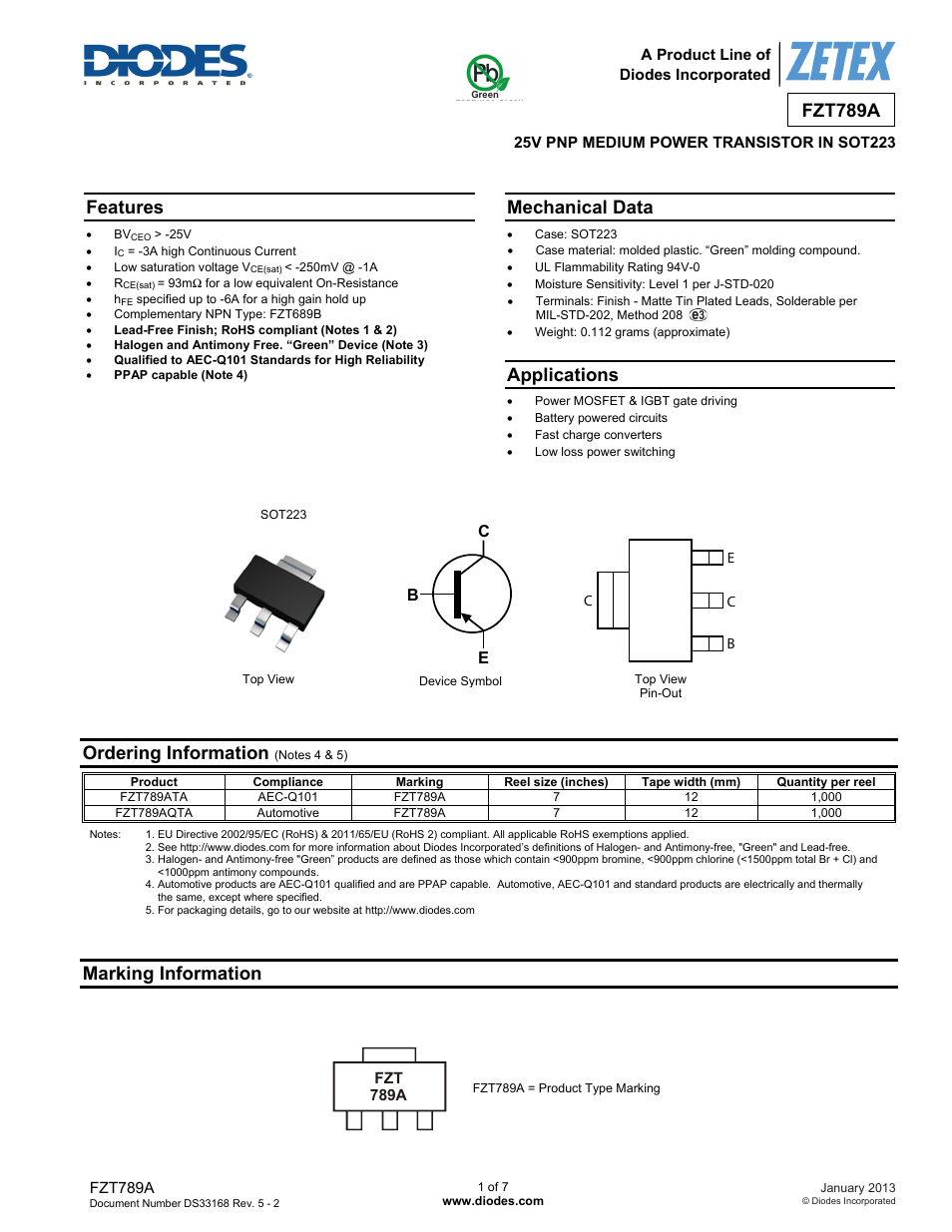 Diodes FZT789A User Manual | 7 pages