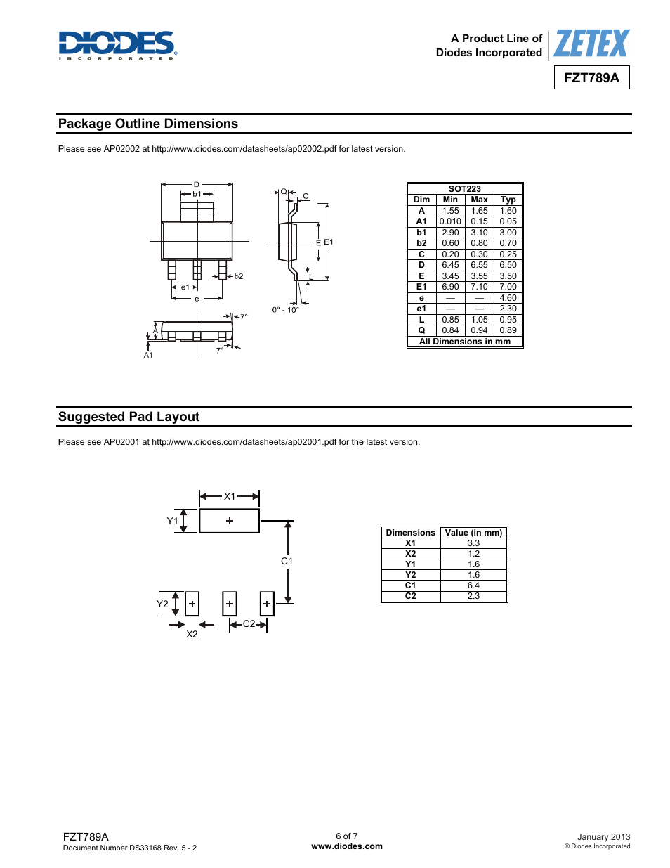 Fzt789a, Package outline dimensions, Suggested pad layout | Diodes FZT789A User Manual | Page 6 / 7