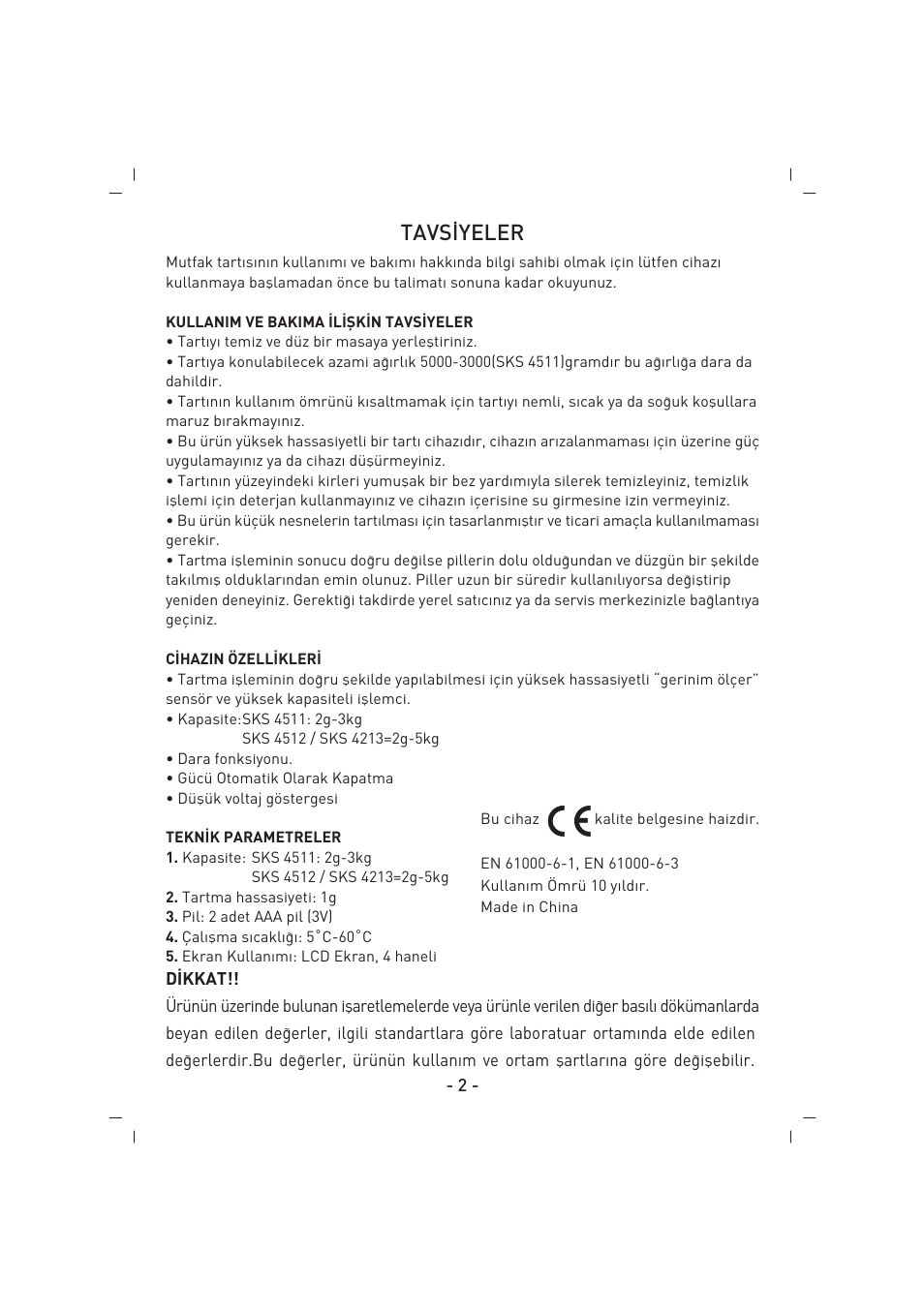 Tavs‹yeler | SINBO SKS 4513 User Manual | Page 3 / 28