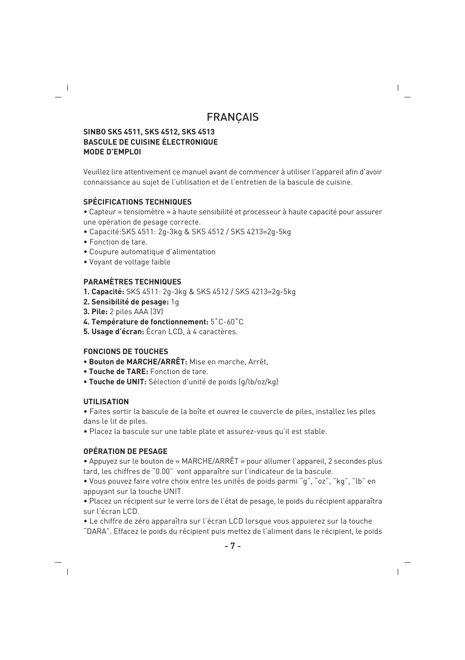 Français | SINBO SKS 4513 User Manual | Page 8 / 28